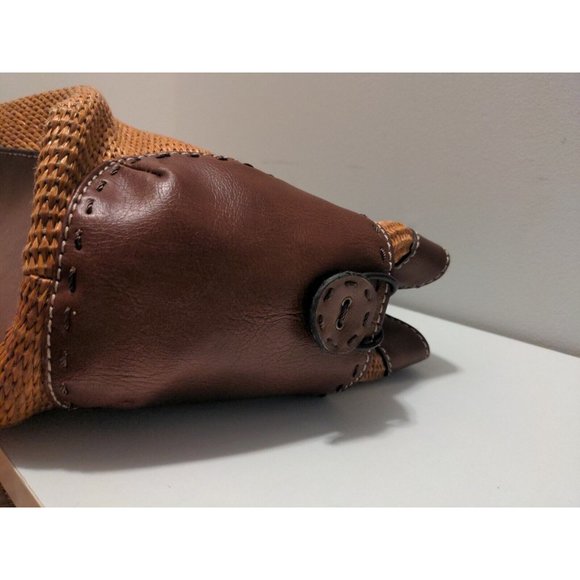 Fossil Woven Straw & Leather Tote Purse #76082 Tan & Brown - Picture 5 of 9